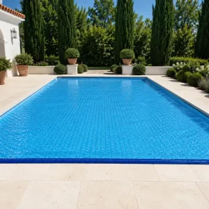 obertor solar piscina OXO cristal 500 micras instalado jardín mediterráneo